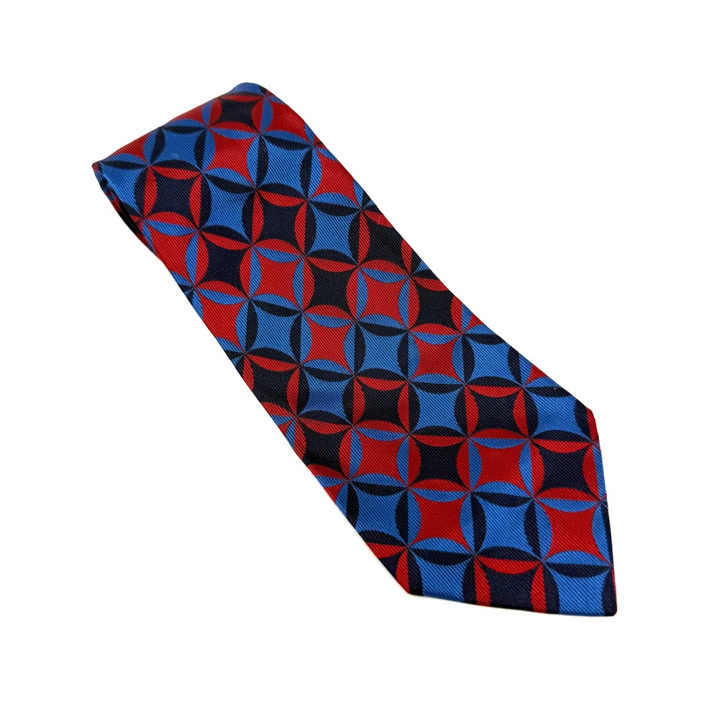 Turnbull & Asser Geometric‎ Silk Necktie Blue Red Black Hand Made England Retro
